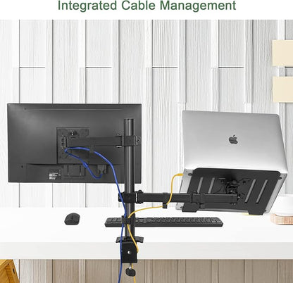 Monitor and Laptop Mount, Monitor Arm with Vented Tray for 13" to 27" LCD Computer Screens and Notebook up to 17 inch, Fully Adjustable Laptop Mount Stand Holds up to 17.6lbs