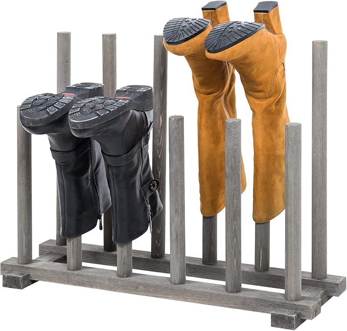 MyGift Vintage Weathered Gray Solid Wood Floor Standing Boot Holder Rack, Wooden Entryway Shoe Storage Organizer Stand Holds 6 Pairs of Tall and Short Boots