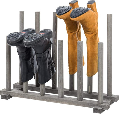 MyGift Vintage Weathered Gray Solid Wood Floor Standing Boot Holder Rack, Wooden Entryway Shoe Storage Organizer Stand Holds 6 Pairs of Tall and Short Boots