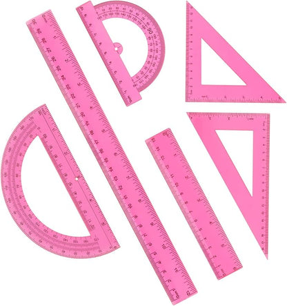 Plastic Clear Ruler Math Set, 6" | 12" Straight Ruler Protractor, 2 Protractors 180 Degree 2 Triangle Rulers 45 | 60 Degree 2 Straight Rulers Measuring Tool for School Office Home Supplie,Pink