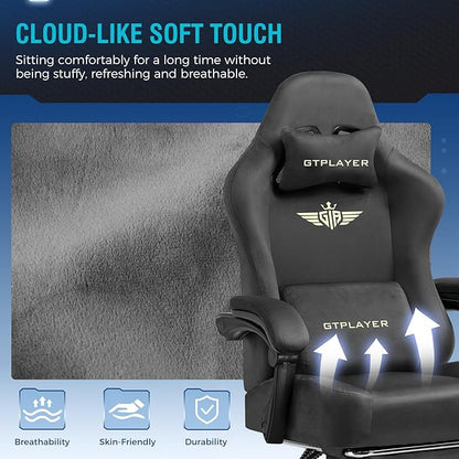 GTPLAYER Gaming Chair Fabric with Pocket Spring Cushion, Big and Tall Gamings Chairs 350LBS High Back Computer Chair with Footrest for Adults Lumbar Support Swivel Game Chair for Office Gaming Gray