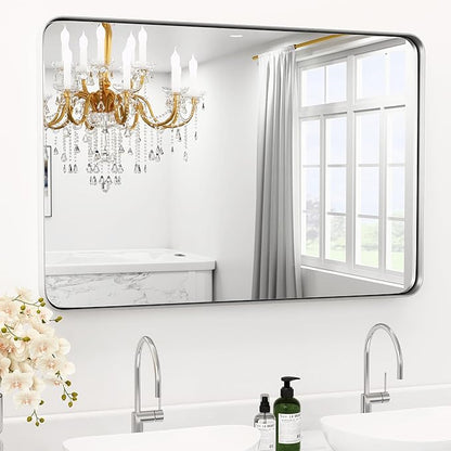 20" x 40" Large Brushed Nickel Bathroom Mirror for Wall, Large Mirrors for Spacious Rooms,Brushed Silver Metal Framed Mirror, Rounded Rectangle Silver Bathroom Mirrors, Tempered Glass