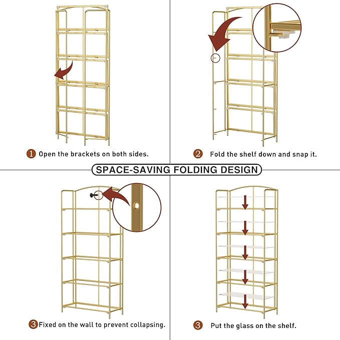 Crofy No Assembly Folding Bookshelf for Living Room, 5 Tier Gold Collapsible Book Shelf for Home Office, Portable Bookcase Storage Organizer