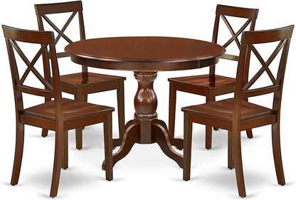 East West Furniture HBBO5-MAH-W 5 Piece Dining Set Includes a Round Dining Table with Pedestal and 4 Kitchen Chairs, 42x42 Inch, Mahogany