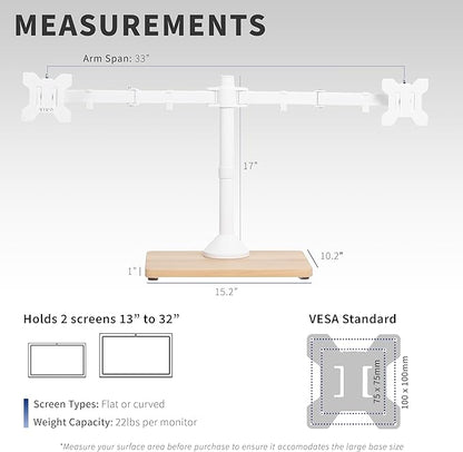 VIVO Freestanding Dual Monitor Stand with Solid Wood Base and Adjustable Arms, Mounts 2 Screens up to 32 inch and 22 lbs Each, White, STAND-V002FD-W