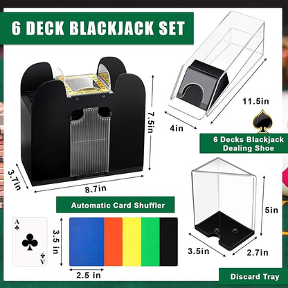 Aoriher Blackjack Casino Game Set, Include 300 Poker Chips, Casino Felt 1 Automatic Card Shuffler 6 Deck Dealer Shoe Discard Holder Tray Aluminum Case for Texas Holdem Blackjack Poker(Green)