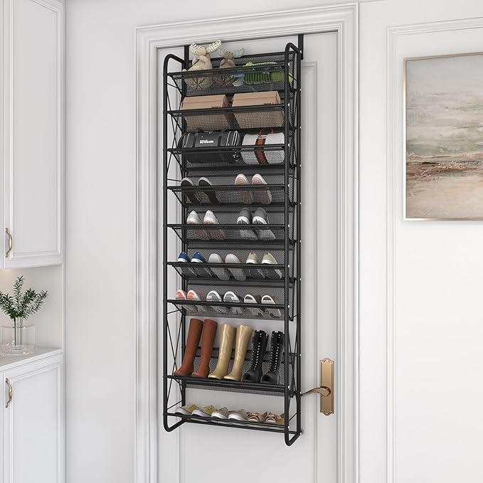JSB 10 Tier Shoe rack Mesh fabric Over The Door Shoe Organizer X-structure Trouser hangers Closet Pantry Hanging Shoe Clothes Toys Storage Shelves (Black, 10 Tier)