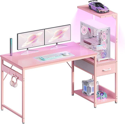 Casaottima 48 Inch Gaming Desk with Storage & LED Lights, Reversible Computer Desk with Display Shelves & Fabric Drawer, Modern Gamer Desk Table with Side Headphone Hook, Carbon Fiber Pink