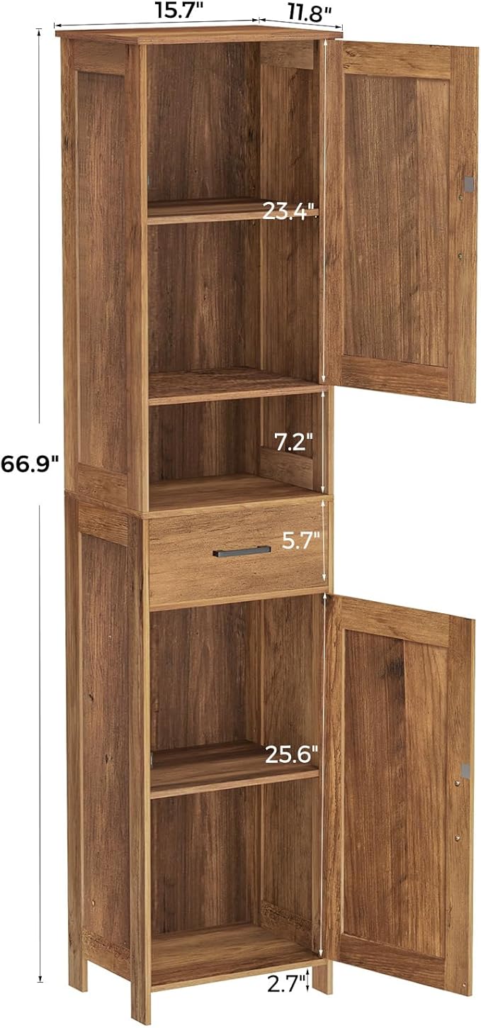Homhedy 67" H Tall Bathroom Storage Cabinet with 2 Barn Doors and 1 Drawer, Narrow Storage Unit, Adjustable Shelves, Floor Cabinet for Bathroom, Living Room, Entryway, Kitchen, Rustic Walnut, (15.7"W)