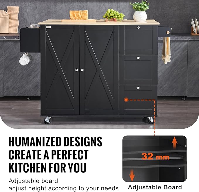 VEVOR Kitchen Island Cart, Rolling Table with Drop Leaf, Spice Rack, Towel Bar, Adjustable Shelf, Drawer, and Hooks, Mobile Island on Wheels, Mobile Carts with Storage Cabinet, 45.3" Wood Top, Black