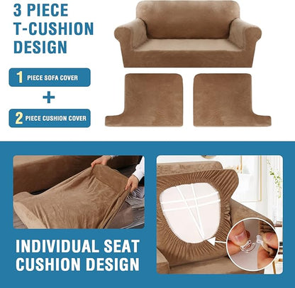 H.VERSAILTEX Sofa Cover 3 Piece T Cushion Sofa Slipcovers Thick Velvet Couch Cover Furniture Protector Stretch T Cushion Sofa Covers for 2 Cushion Couch with 2 Individual T Cushion Covers, Camel