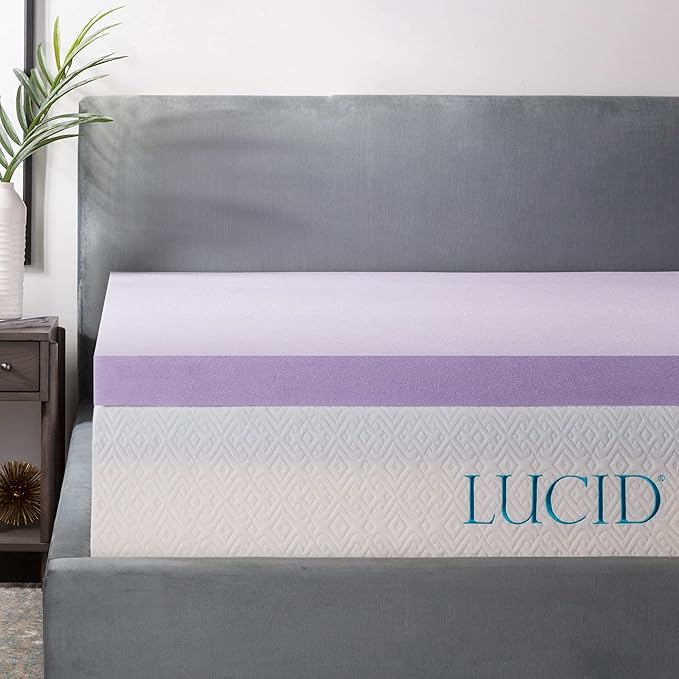 Lucid 3 Inch Lavender Infused Memory Foam Mattress Topper - Ventilated Design – Pressure Relieving Bed Topper - Mattress Pad – CertiPur Certified - King Size