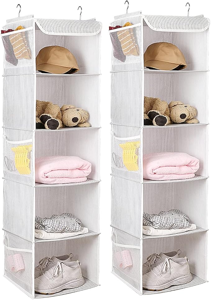 5 Shelves Hanging Closet Organizer, 2 Pack Hanging Storage with 6 Side Pockets for Clothes Shoes, 43"x12"x12"(Strip)