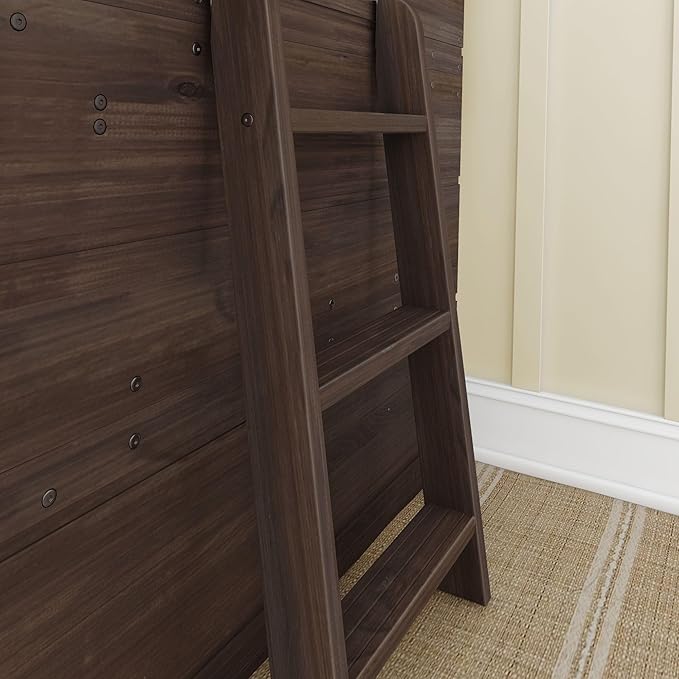 Max & Lily Modern Farmhouse Twin Low Loft Bed with Bookcase - Solid Wood, 15” Guardrails, 400-lb Capacity, Low-VOC Finish, Barnwood Brown