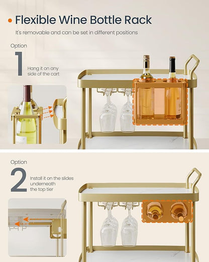 SONGMICS HOME Bar Cart, Home Bar Serving Cart with 3-Tier Shelf, Flexible Wine Bottle Rack and Glass Holder, Drink Beverage Cart, Microwave Cart, Kitchen, Marble White and Pale Gold ULRC291A02