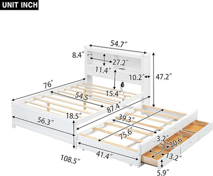 Full Size Pine Wood Platform Bed with Trundle,Drawers,2 Ports and 2 USB Plugs,Storage Bed with Pull Out Shelves,No Box Spring Needed,Perfect for Adults,Teens Bedroom Furniture,White