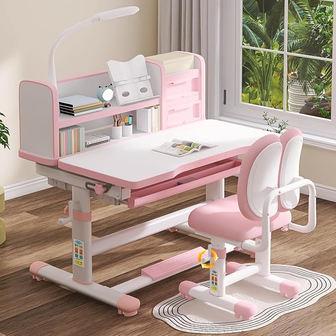Kids Study Table and Chair Set Pink Adjustable Art Desk for Bedroom Girls Study Table with Large Writing Board Bookshelf and Drawer Kids Functional Desk and Chair Set with LED Light