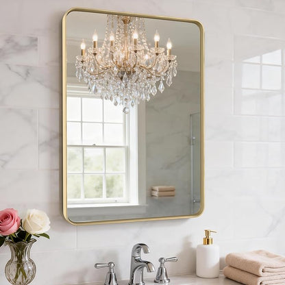 24X30 Inch Gold Metal Framed Bathroom Mirror for Wall, Gold Rounded Rectangle Mirror, Brushed Gold Bathroom Vanity Mirror Farmhouse, Anti-Rust, Tempered Glass, Hangs Horizontally or Vertically