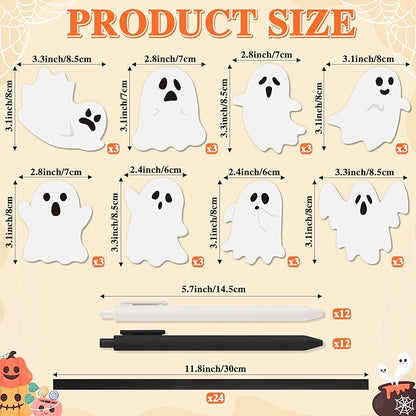 72pcs Halloween White Ghost Sticky Notes & Pens & Ribbons Set, Cute Little Boo Pastel Notepads Gift, Self-Stick Memo Pad for Office Classroom Halloween Back to School Party Favor Supplies