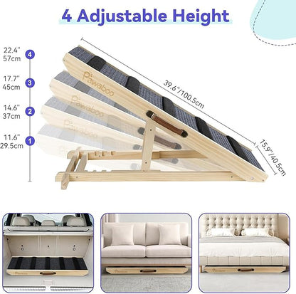 Large Dog Ramp for Bed Couch, Extra Wide Portable Wooden Pet Ramp, 4 Adjustable Height from 11.6'' to 22.4'', Pet Step for Small Medium Dog Cat with Non-Slip Mat, Up to 143lbs, Use for Car Couch Bed