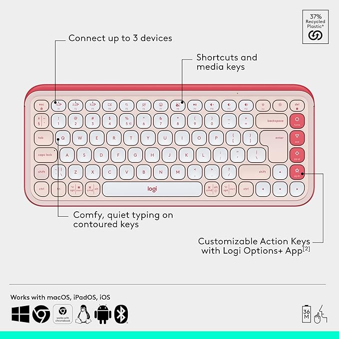 Logitech POP ICON Combo, Bluetooth Keyboard and Mouse Combo, Comfortable Typing, programmable Keys and Buttons, Quiet clicks, Easy-Switch up to 3 Devices - Rose