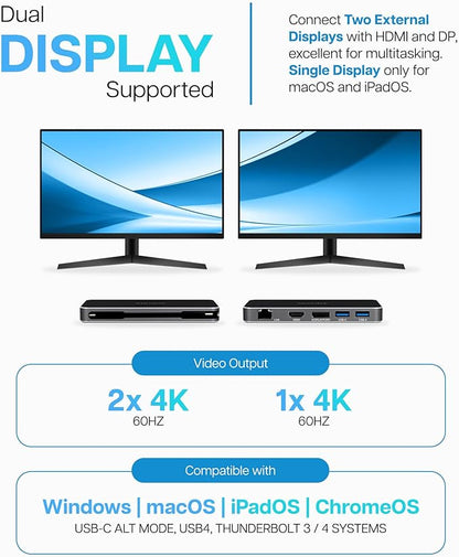 VisionTek VT400 Portable USB-C Dual Monitor Hub - 1x DP, 1x HDMI, 2X USB-A, 1x Ethernet, 1x USB-C for Windows/MacOS/ChromeOS/iOS