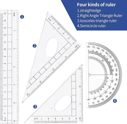 Math Geometry Kit Sets 10 Piece Student Supplies with Shatterproof Storage Box,Includes Rulers,Protractor,Compass,Eraser,Pencil Sharpener,Lead Refills,Pencil,for Drafting and Drawings（Navy blue）