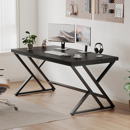 LVB Black Computer Desk, Modern Gaming PC Writing Desk for Home Office, Metal Computer Study Work Table for Bedroom, Industrial Executive Student Simple Workstation Desk, 55 in, Black Oak