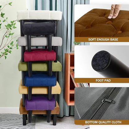 HOUCHICS Small Footstool Ottoman,Velvet Soft Footrest Ottoman with Wood Legs,Sofa Footrest Extra Seating for Living Room Entryway Office(Coffee 2PACK)