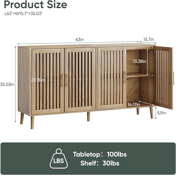 63" Long Sideboard Buffet with 4 Slatted Doors, Farmhouse Buffet Storage Cabinet with Adjustable Shelves, Coffee Bar Cabinet for Entryway, Kitchen, Dining Room, Living Room, Natural Oak