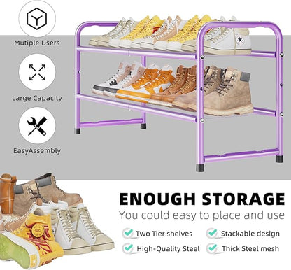 SUFAUY 2 Tier 33" Shoe Rack Closet, Metal Mesh, Stackable, Purple