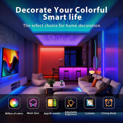 DAYBETTER Led Strip Lights 50 ft, Music Sync RGB Led Light Strips with Remote and App Control, Color Changing Led Lights for Bedroom, Home, Kitchen, Party, Room Decor