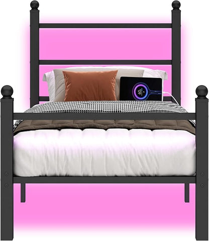 Twin Bed Frame with Headboard and Footboard,Steel Slats Support-LED Bed Frame with USB Charging Station,Mattress Foundation-Under Bed Storage,No Box Spring Needed,Noise Free,Black