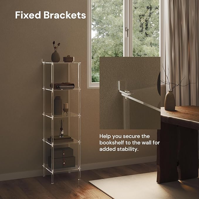 5 Tier Square Acrylic Bookshelf, Small Bookcase with Acrylic Fittings for Fixing to Wall, Corner Display Shelf for Living Room, Bedroom, Bathroom, Small Spaces, Clear, 11.6'' W x 44'' H