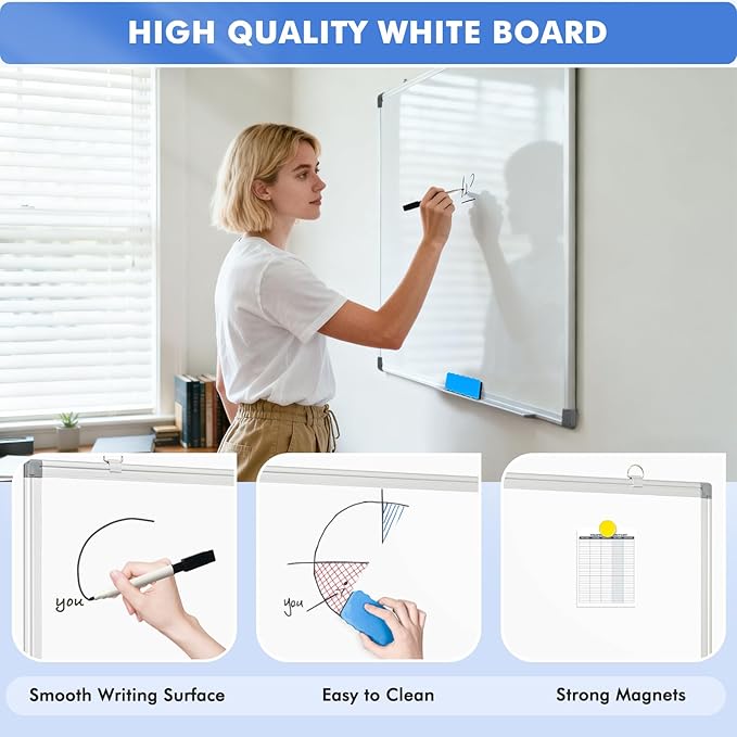 WALGLASS Double-Sided White Board, Dry Erase Board Magnetic Whiteaboard for Wall, Hanging Mounted Whiteboard Silver Aluminium Frame for Home, School, Office, Kitchen, 18''x12''