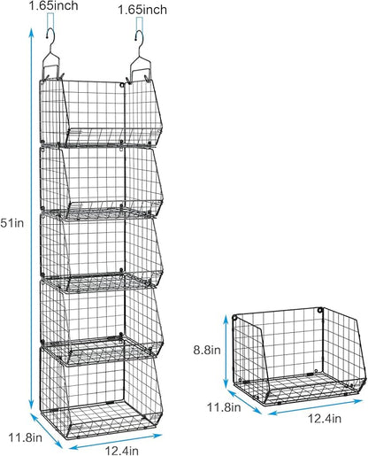 5 Tier Closet Hanging Organizer, Clothes Hanging Shelves with 4 Hanging Hooks 5 S Hooks, Wire Storage Basket Bins, for Clothing Sweaters Shoes Handbags Clutches Accessories Patent Design