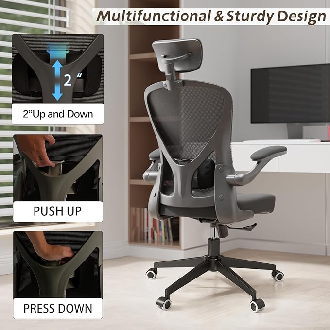 Ergonomic Office Chair with Adjustable Lumbar Support & Flip-Up Armrests - High Back Computer Desk Chair with Thickened Seat Cushion, Rolling Wheels for Home/Office Study Work