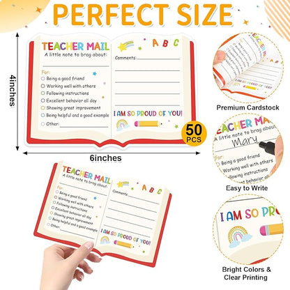 50Pcs Teacher Mail Notes to Parents, Happy Mail from Teacher, Brag Cards for Students Behavior Classroom Must Haves to Send Home for Preschool Kindergarten Elementary School Supplies (Book)