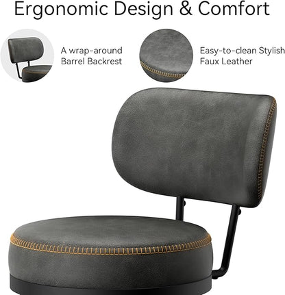Counter Height Bar Stools, 26" H Swivel Barstools Set of 6, Faux Leather Kitchen Counter Stools with Back and Stylish Stitching, Metal Frame, Pub, Home Bar, Black Grey