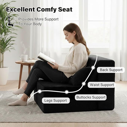 Tiita Convertible Folding Sofa Bed Single Size for Adults with Pillow, Plush Fabric Floor Mattress Couch Bed, Washable Cover & Side Pocket, Guest Room, Dorm, Apartment, Living Room, Black