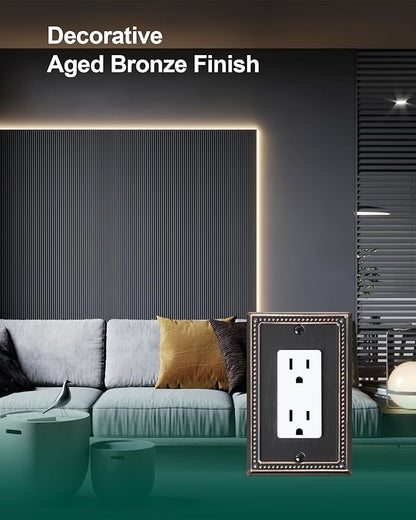 4-Pack Decorator Outlet Cover Plate, Decorative Switch Plates and Outlet Covers, Aged Bronze Metal Wall Plates for Electrical Outlets, Receptacle, GFCI Outlet, Dimmer Switch