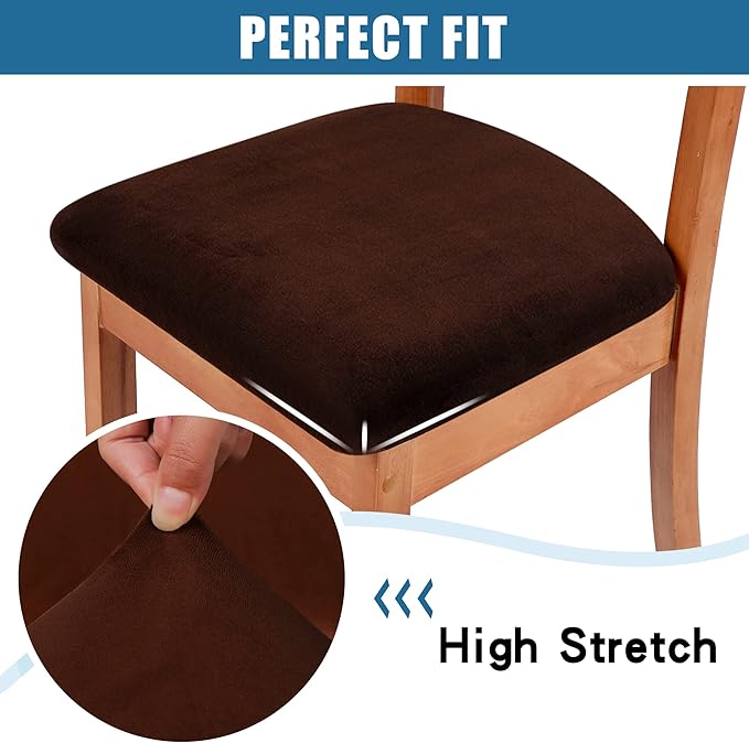 Smiry Velvet Seat Covers for Dining Room Chair Set of 6, Stretch Fit Removable Washable Chair Seat Cushion Protector Slipcovers with Ties, Coffee