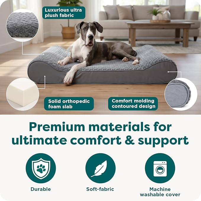 Furhaven Orthopedic Dog Bed for Large Dogs w/ Removable Washable Cover, For Dogs Up to 150 lbs - Ultra Plush Faux Fur & Suede Luxe Lounger Contour Mattress - Gray, Jumbo Plus/XXL