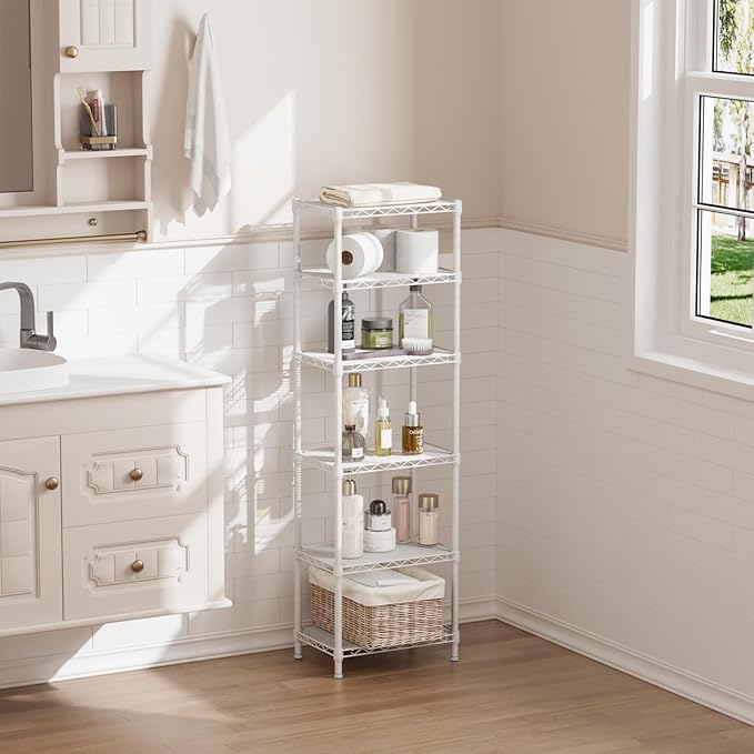 SINGAYE 6 Shelves Storage Shelf Wire Closet Bathroom Organizers Metal Pantry Kitchen Small Garage Shelving Unit Laundry Room Organization Home Corner Rack Estantes para Cocina White 10" Dx16 Wx60”H