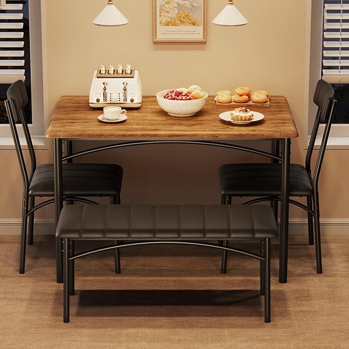 GarveeHome Dining Table Set for 4, Kitchen Table with Upholstered Chairs and Bench, Wood Rectangular Dining Table and Chairs Set for Small Space, Apartment, Dinner, Rustic Brown