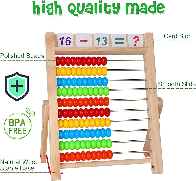 Wooden Abacus for Kids Math, Educational Counting Toy with Counting Sticks and Number Alphabet Cards, Preschool Learning Toys Gift for Boys Girls Age 3+ Years Old