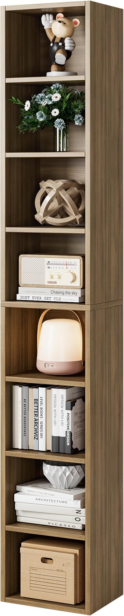 Bamjoy 71 Inches Tall Narrow Bookshelf, 8-Tier Slim CD DVD Media Shelf, Corner Bookcase with Adjustable Shelves, Cube Skinny Bookshelf for Home Office Small Space, Light Walnut