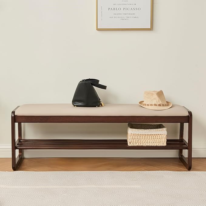 Wooden Shoe Rack Bench - Ottoman Bench with Solid Wood Shelf, Shoe Storage for entryway, end of Bed, Foyer, mudroom