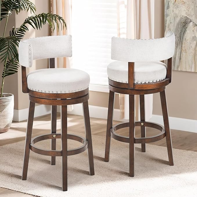 COLAMY Swivel Bar Stools Set of 2, 30 Inch Swivel Bar Height Bar Stools, Wood Swivel Barstools with Back, Modern Upholstered Wooden Barstools for Kitchen Island Dining Room Bar, Beige