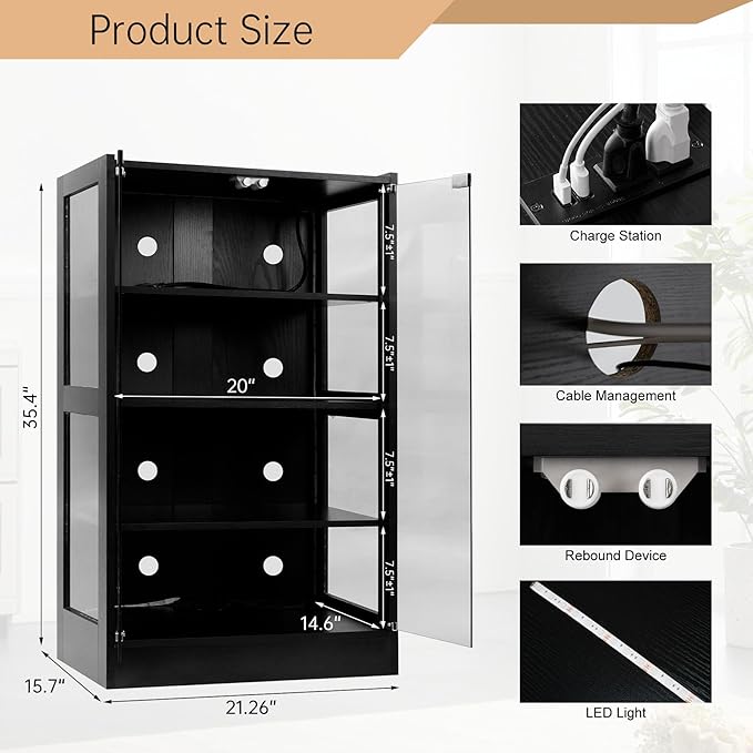 4-Tier Media Cabinet with LED Lighting, Audio/Video Stand Featuring Built-in USB Ports and Electrical Outlets, Designed for Living Rooms and Gaming Spaces, Glass Doors